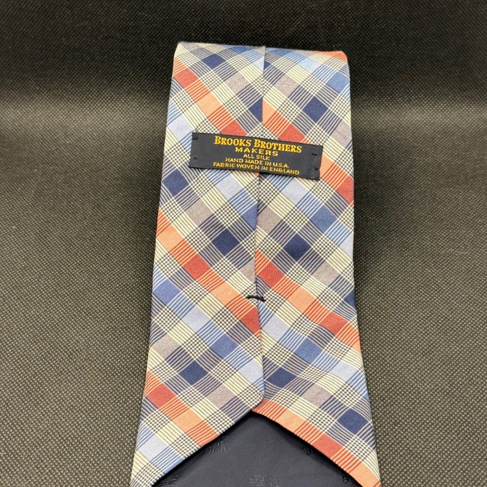 Vintage Brooks Brothers Blue Orange Plaid Silk Tie 4" x 58" Made in USA - Picture 3 of 3